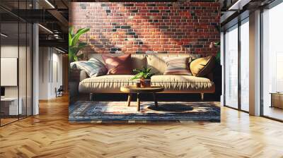 a living room with a couch, table and pillows on it's side and a brick wall behind it Wall mural