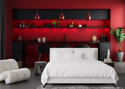 a modern kitchen with a striking red and black theme. Wall mural