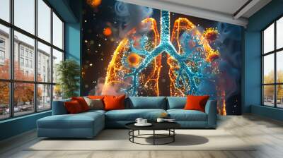 a pair of human lungs enveloped by particles and pathogens, vividly illustrating concepts related to respiratory health or diseases. Wall mural