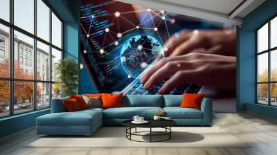 a person using a laptop, with a digital overlay of a globe and network connections symbolizing global connectivity or internet technology Wall mural