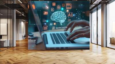 a person’s hands typing on a laptop keyboard with a smartphone lying next to it. Overlaid on the image are graphical icons and text related to artificial intelligence and machine learning Wall mural