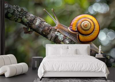 a snail with a vibrant, spiral shell moving along the surface of a branch Wall mural