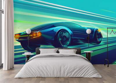 a stylized illustration of a blue car with two visible black wheels and orange headlights. The car has three green horizontal lines emanating from the back Wall mural