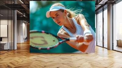 a woman swinging a tennis racket at a ball Wall mural