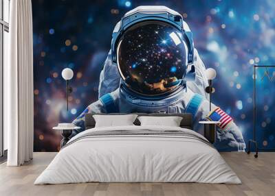 an astronaut in a white space suit with blue accents, standing against the backdrop of space. Wall mural