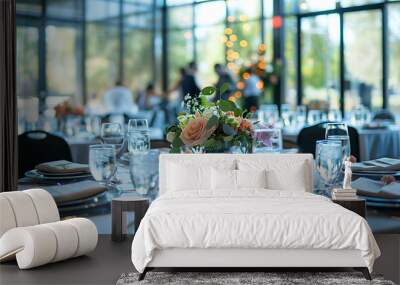 an elegant indoor event setting, likely a banquet or reception area. Round tables are set with plates, glasses, and cutlery, and each table has a floral centerpiece Wall mural