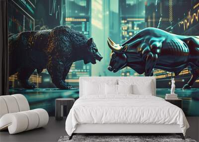 The image portrays a futuristic stock exchange floor where a metallic bear and a bull confront each other. Wall mural