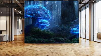 The image shows two glowing mushrooms in a dark, enchanted forest. The larger mushroom on the left and the smaller one on the right emit a blue light Wall mural