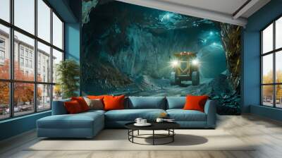 the interior of a mining tunnel with a heavy-duty mining vehicle in operation Wall mural