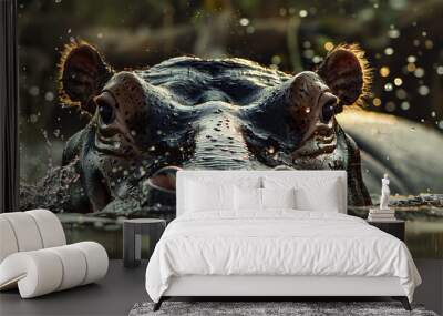 This captivating image showcases a hippopotamus in its natural habitat Wall mural