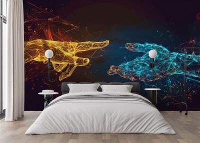 two hands reaching towards each other, made up of interconnected lines and geometric shapes, giving a digital or technological feel Wall mural