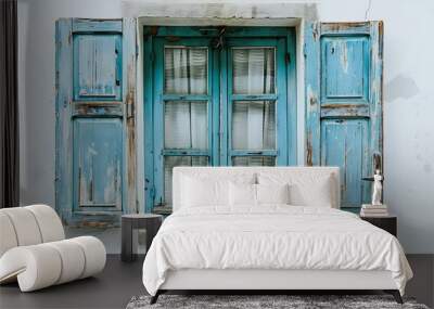 A blue window in the center and a white wall. Traditional greek architecture Wall mural