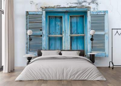 A blue window in the center and a white wall. Traditional greek architecture Wall mural