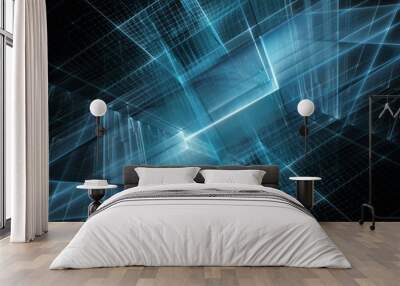 Abstract background element. Fractal graphics 3d illustration. Symmetric composition of repeating grids. Information technology concept. Blue and black colors. Wall mural