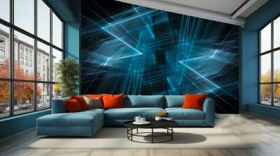 Abstract background element. Fractal graphics 3d illustration. Symmetric composition of repeating grids. Information technology concept. Blue and black colors. Wall mural