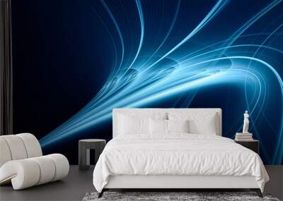 Abstract blue background element on black. Fractal graphics. Three-dimensional composition of glowing lines and mption blur traces. Movement and innovation concept. Wall mural