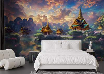 Poised gracefully on a pile of rocks within a tranquil pool the temple by the majestic mountains that form a majestic backdrop, while the evening lights add a touch of enchantment to the scene. Wall mural