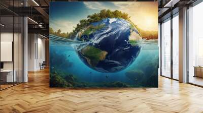 The world inside a glass tube with a rich natural background. AI generated Wall mural