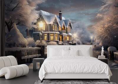 A Snowwy Path Leading to a House in a Winter Town with White Trees Under Night Sky	 Wall mural