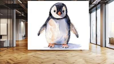 Adorable cartoon baby penguin in soft pastel watercolor painting style with simple lines on a white background  Cute and whimsical design for children s books nursery decor Wall mural