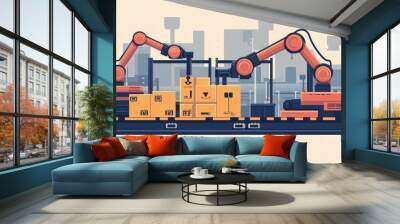 Flat design showcasing the efficiency of automated robotic arms in loading and handling freight within a logistics and shipping warehouse environment Wall mural