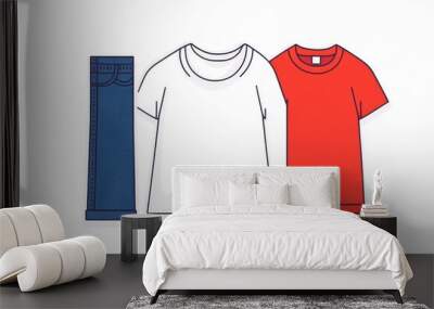 Minimalist icon showcasing essential casual clothing items   a simple t shirt  classic blue jeans  and comfortable sneakers  presented on a clean white background in a flat  modern design style Wall mural