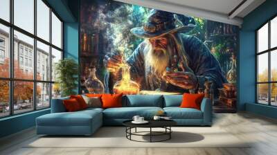 Mystical Alchemist Concocting Enchanted Potions Surrounded by Arcane Artifacts in Vibrant Watercolor Style  Magical Mystical Scene with Cauldron Glowing Elixirs and Mystical Ingredients Wall mural