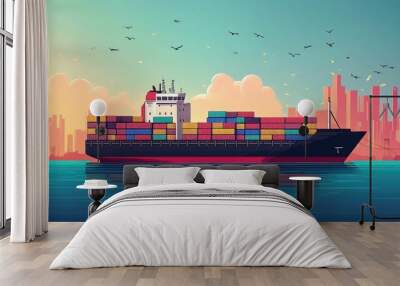 Streamlining Global Freight Logistics with Efficient Supply Chain Management A Flat Design Showcasing the of Transportation Warehousing and Distribution for Seamless Cargo Delivery Wall mural