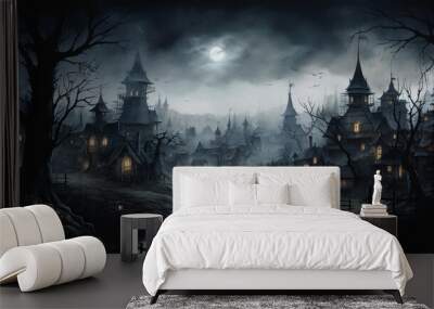 Watercolor painting of a dark, fantasy town, spooky, creepy Wall mural