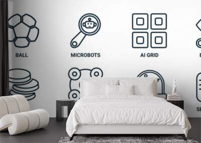 artificial.intellegence linear icon set. includes thin line ball, ai grid, processing, ar camera, secure data, quantum computing, coins icons for report, presentation, diagram, web design Wall mural