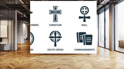 filled religion icon set. contain flat christian reformed church, christian, null, paganism, gospel, asceticism, celtic cross, commandments, bahai, monastery icons in editable format.. Wall mural