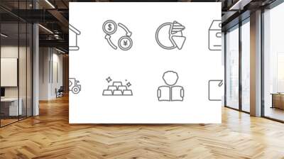 outline set of business line icons. linear vector icons such as speech bubbles with dollar, mortgage loan, pie chart statistics, work table, ideas to earn money, employee going to work, envelope Wall mural