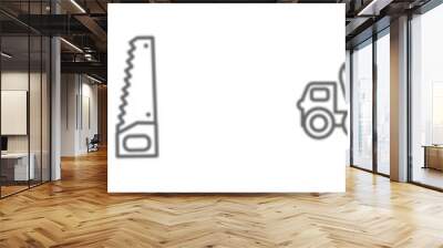 outline set of construction line icons. linear vector icons such as derrick with load, chisel, two shovels, wood saw, cement truck, garden fence, adjustment system, big derrick with boxes Wall mural