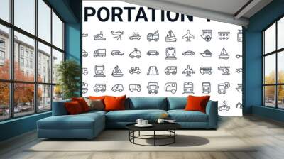 outline set of transportation line icons. linear vector icons such as gear box,kayak,light rail,zeppelin,minivan,hydroplane,caravan,vespa. vector illustration Wall mural