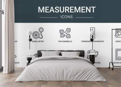 set of 10 outline web measurement icons such as open compass, wheel meter, two dumbbells, thermometer fahrenheit and celsius, heart meter, small angle ruler, fever measuring vector icons for report, Wall mural