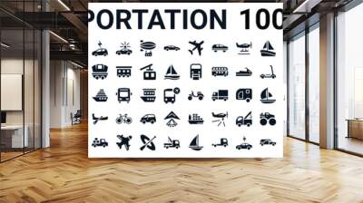 set of 100 glyph transportation web icons. filled icons such as litter car,off road,monorail,jalopy,vespa,subway,cargo ship,schooner. vector illustration Wall mural