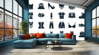 set of 40 filled clothes web icons in glyph style such as pamela, lingerie, tuxedo, underwear, pants, blouse, poncho icons isolated on white background Wall mural