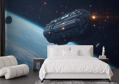 A defense system in space designed to neutralize asteroids and other cosmic threats before they reach Earth, Earth defense, space exploration, technological innovation Wall mural