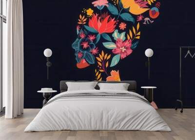 Cultural woman in silhouette floral art, intricate decorative folk design, flat design illustration Wall mural