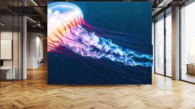 Glowing jellyfish in deep blue ocean, illuminating their surroundings, underwater glowtime, captivating and surreal marine life Wall mural