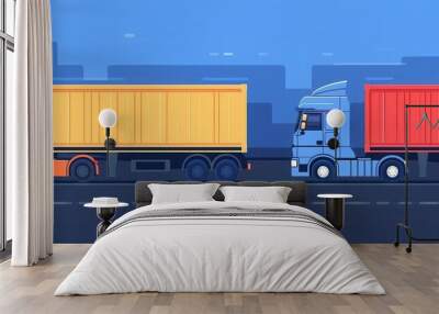 Goods being transported by multiple vehicles, flat design illustration Wall mural