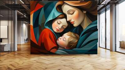 mother and two child painting Wall mural