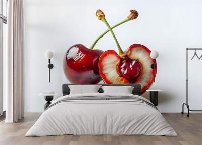 Whole Cherry and Halved Cherry with Juicy Flesh Wall mural