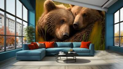 A pair of brown bears cuddling in the grass, illustration Wall mural