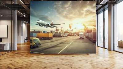 Business Logistics Concept, Plane, Truck, Train Import-Export Operations. Wall mural