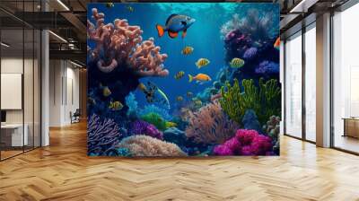 Colorful coral reef with bright fish swimming in the foreground. Wall mural