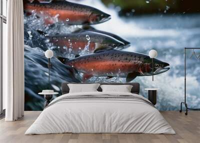 Group of Salmon Swimming Upstream in Rushing River. Wall mural