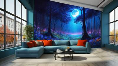 Magical Forest: A mystical forest illuminated by a bright blue moon, surrounded by colorful wildflowers and tall trees. Wall mural