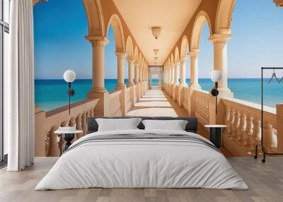 Majestic White Columned Building Overlooking Ocean View Wall mural