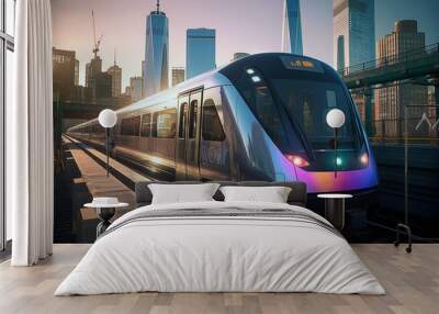 Modern Train Pulling into Busy City Station, Showcasing Aerodynamic Design and Engineering Marvel Wall mural